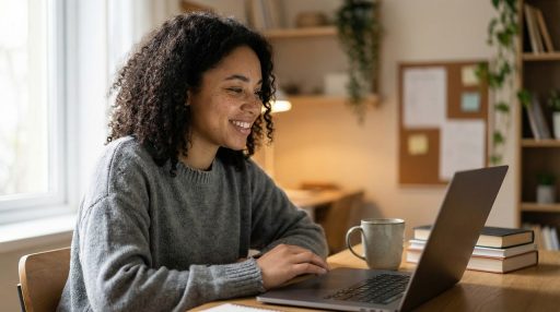Vrouw die studeert aan een bureau met boeken en aantekeningen voor een carrièreswitch