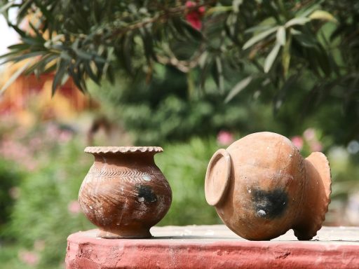 Bloembollen klaargelegd naast terracotta potten op een balkon in het najaar